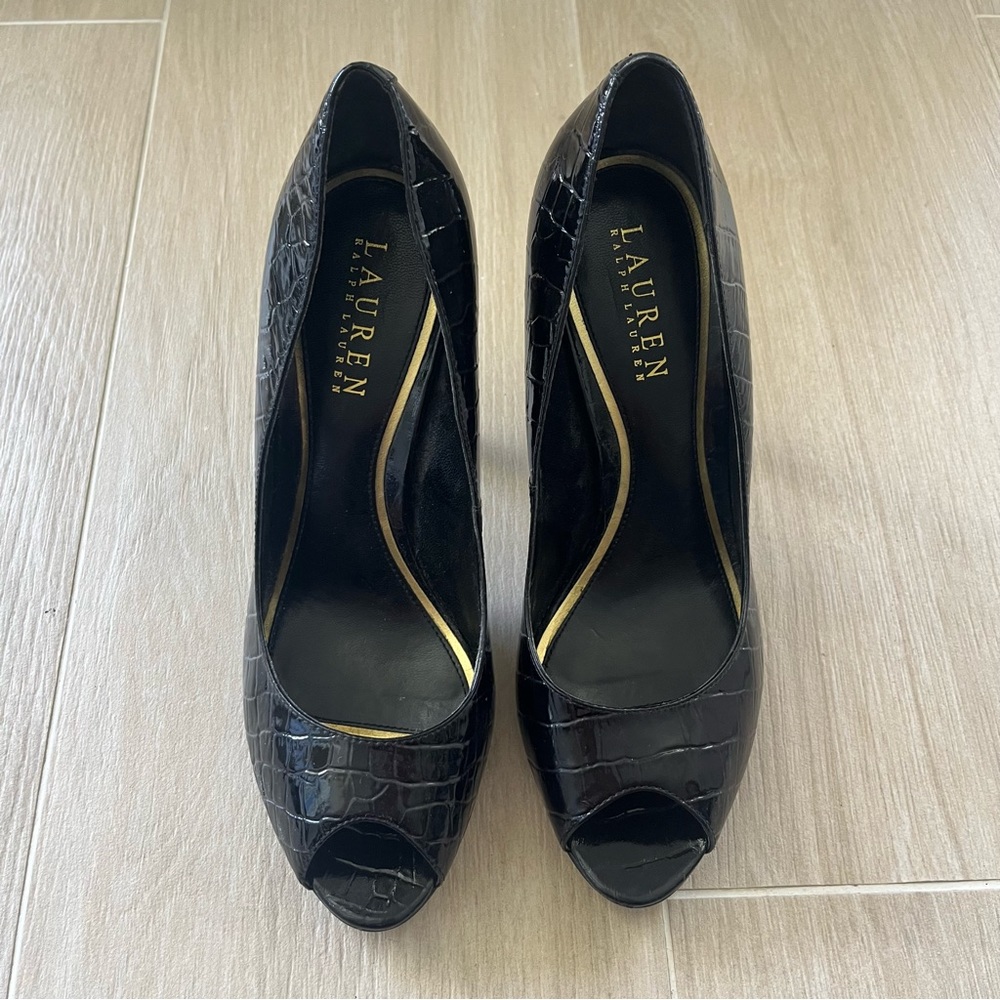 RALPH LAUREN Black Croc Print Leather Peep
Toe Heels Size 7